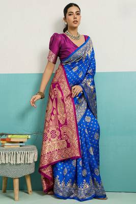 royal blue banarasi silk blend zari woven with jaal saree with blouse 1
