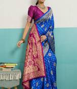 royal blue banarasi silk blend zari woven with jaal saree with blouse