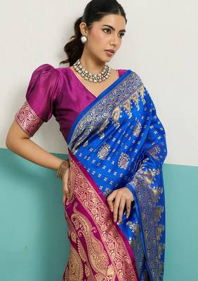 royal blue banarasi silk blend zari woven with jaal saree with blouse 2