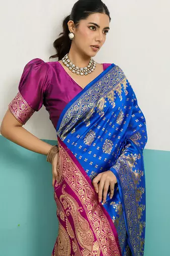 royal blue banarasi silk blend zari woven with jaal saree with blouse