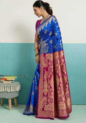 royal blue banarasi silk blend zari woven with jaal saree with blouse 3