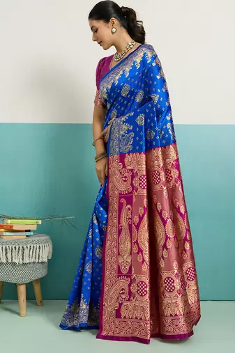 royal blue banarasi silk blend zari woven with jaal saree with blouse