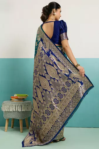 dark green banarasi silk blend zari woven with jaal saree with blouse