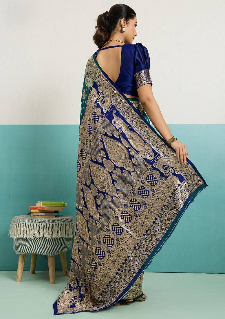 dark green banarasi silk blend zari woven with jaal saree with blouse