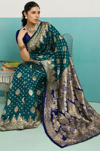 dark green banarasi silk blend zari woven with jaal saree with blouse