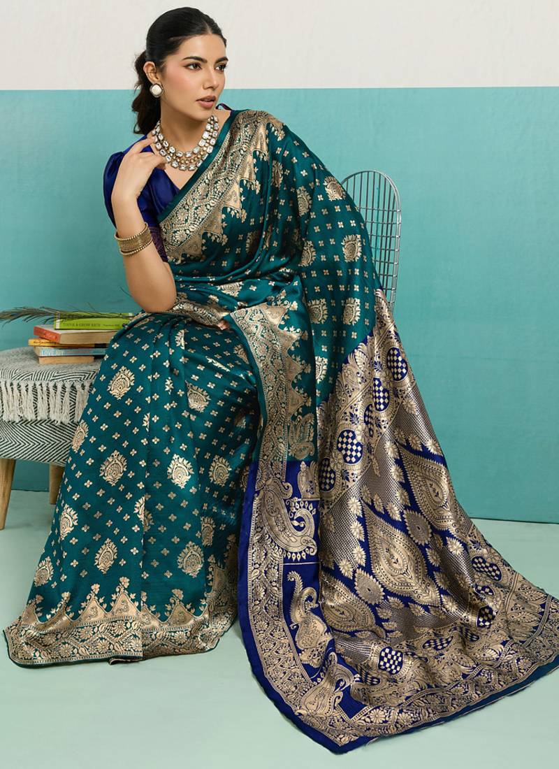 dark green banarasi silk blend zari woven with jaal saree with blouse
