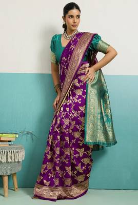 purple banarasi silk blend zari woven with jaal saree with blouse 1