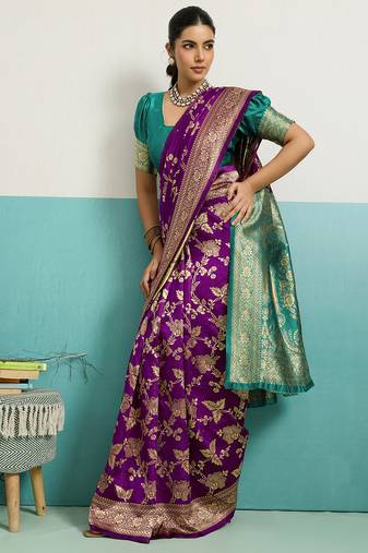purple banarasi silk blend zari woven with jaal saree with blouse