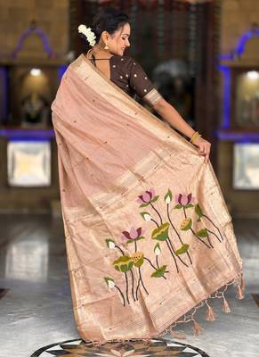 Peach cotton silk saree with colorful floral weaving pallu with blouse 2