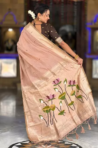 Peach cotton silk saree with colorful floral weaving pallu with blouse