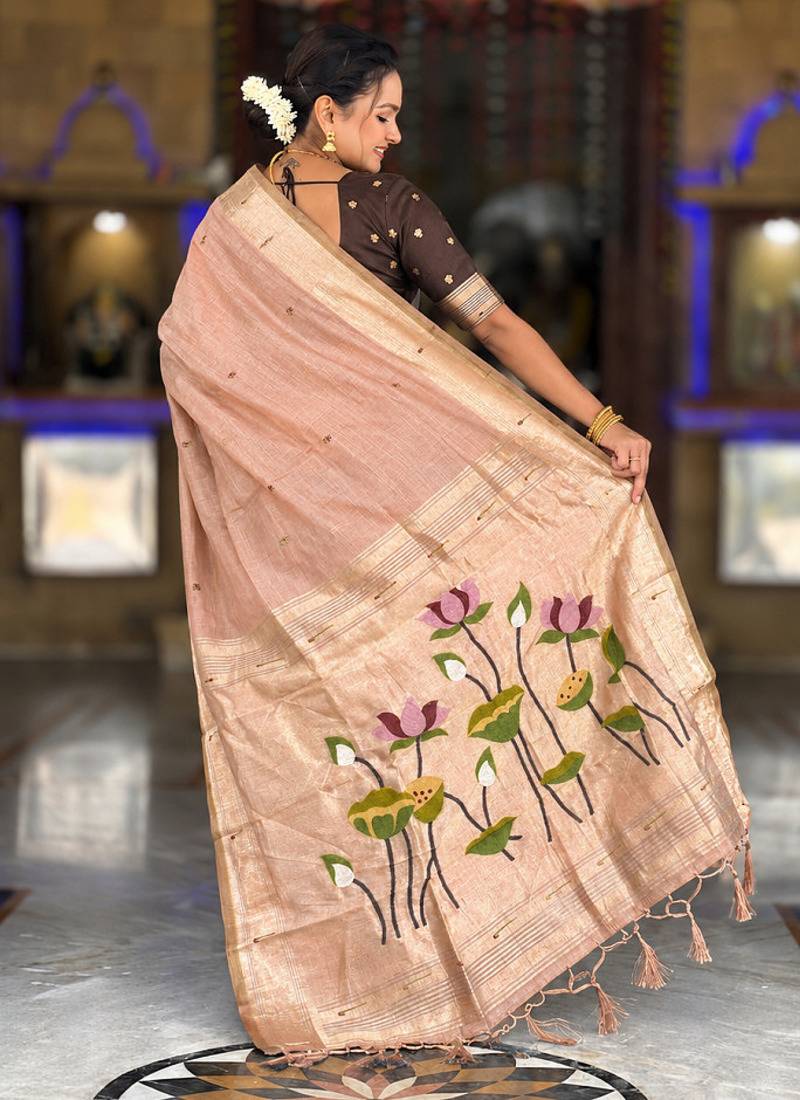Peach cotton silk saree with colorful floral weaving pallu with blouse