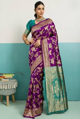 purple banarasi silk blend zari woven with jaal saree with blouse 2