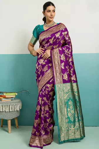 purple banarasi silk blend zari woven with jaal saree with blouse