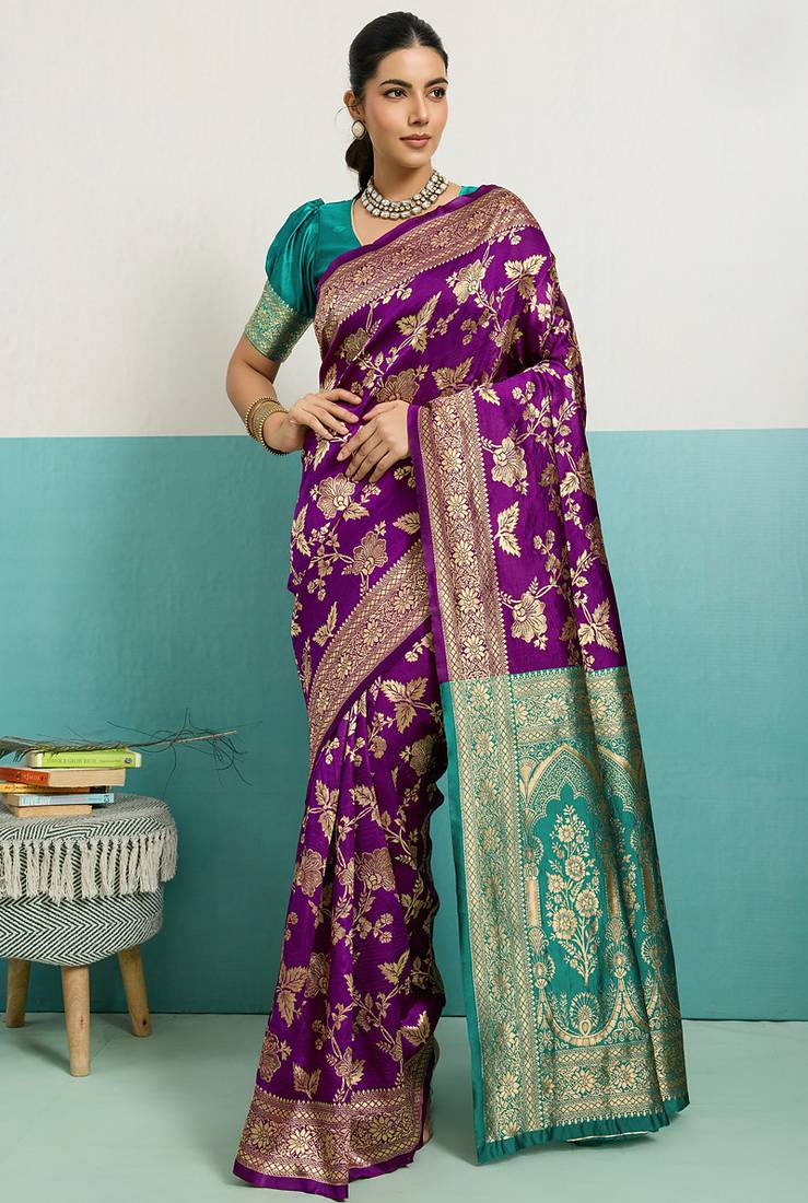 purple banarasi silk blend zari woven with jaal saree with blouse
