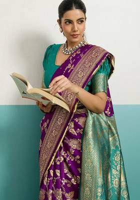 purple banarasi silk blend zari woven with jaal saree with blouse 3