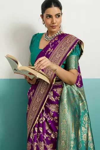 purple banarasi silk blend zari woven with jaal saree with blouse