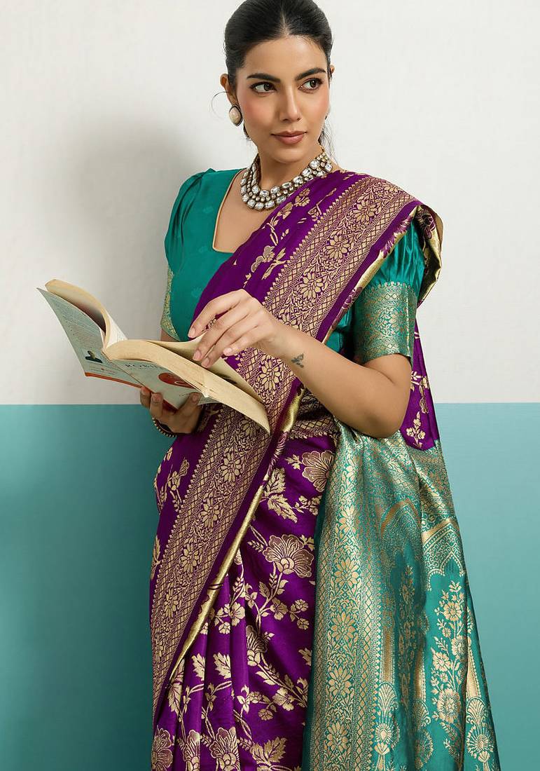 purple banarasi silk blend zari woven with jaal saree with blouse