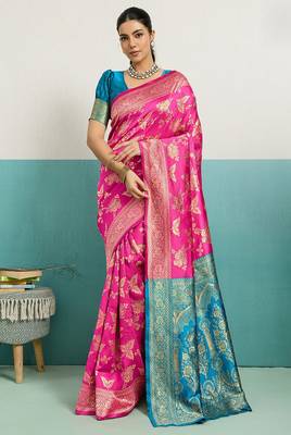 rani pink banarasi silk blend zari woven with jaal saree with blouse 1