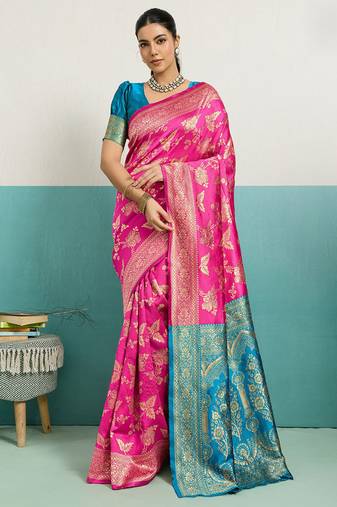 rani pink banarasi silk blend zari woven with jaal saree with blouse