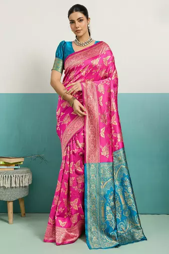 rani pink banarasi silk blend zari woven with jaal saree with blouse