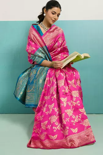 rani pink banarasi silk blend zari woven with jaal saree with blouse