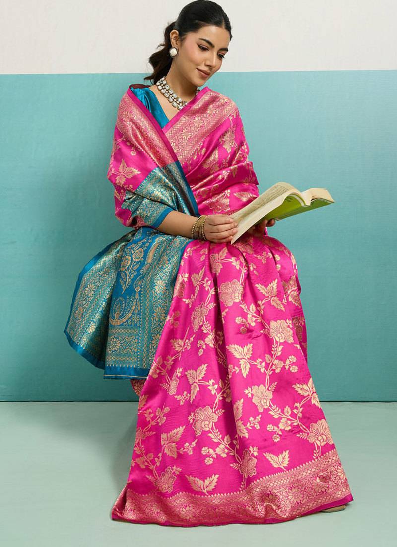 rani pink banarasi silk blend zari woven with jaal saree with blouse