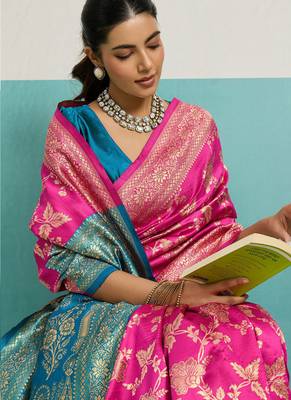 rani pink banarasi silk blend zari woven with jaal saree with blouse 3