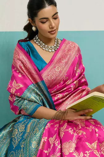 rani pink banarasi silk blend zari woven with jaal saree with blouse