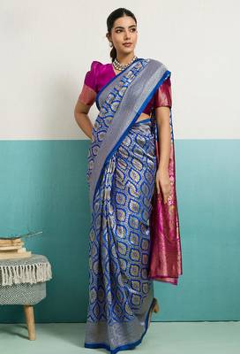 blue banarasi silk blend zari woven with jaal saree with blouse 1