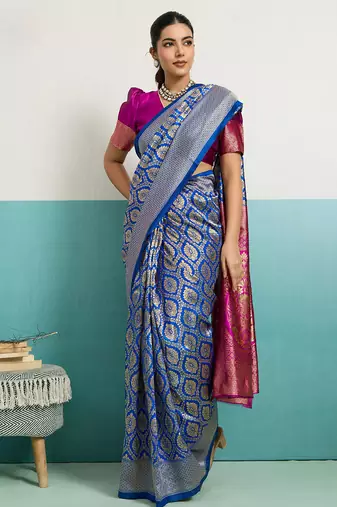 blue banarasi silk blend zari woven with jaal saree with blouse