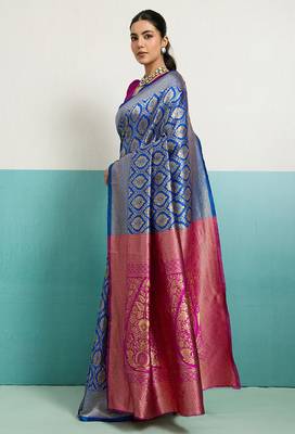 blue banarasi silk blend zari woven with jaal saree with blouse 2