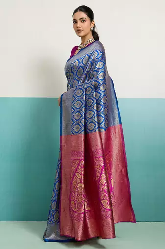 blue banarasi silk blend zari woven with jaal saree with blouse