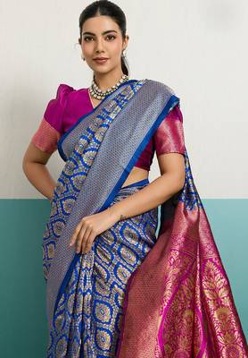 blue banarasi silk blend zari woven with jaal saree with blouse 3