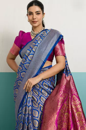blue banarasi silk blend zari woven with jaal saree with blouse