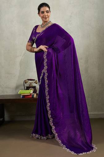 Purple velvet chiffon dual tone zarkan precision border work saree with blouse