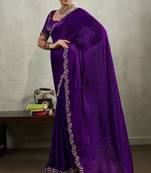 Purple velvet chiffon dual tone zarkan precision border work saree with blouse