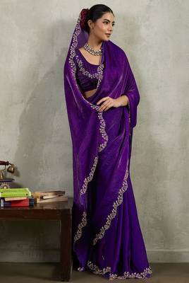 Purple velvet chiffon dual tone zarkan precision border work saree with blouse 2