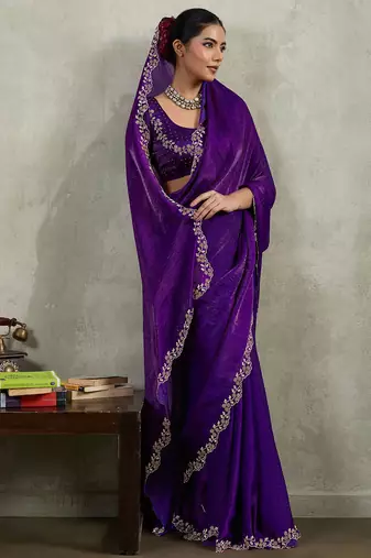 Purple velvet chiffon dual tone zarkan precision border work saree with blouse