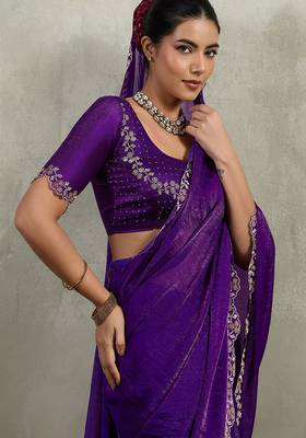 Purple velvet chiffon dual tone zarkan precision border work saree with blouse 3
