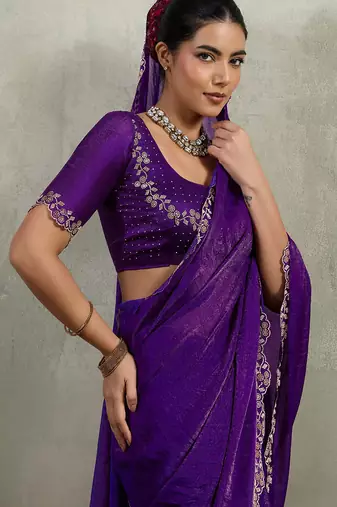 Purple velvet chiffon dual tone zarkan precision border work saree with blouse