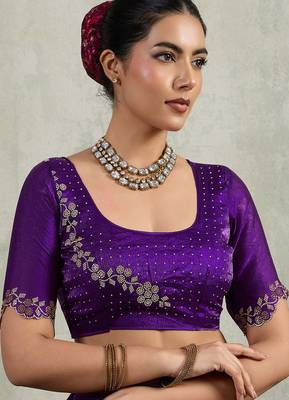 Purple velvet chiffon dual tone zarkan precision border work saree with blouse 4