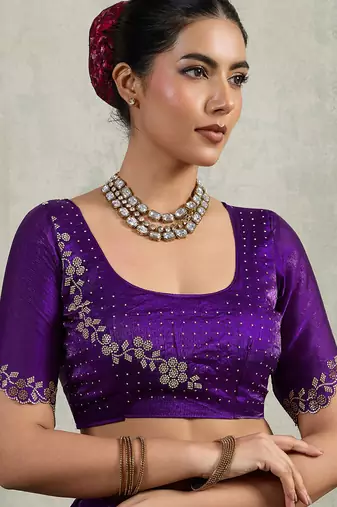 Purple velvet chiffon dual tone zarkan precision border work saree with blouse