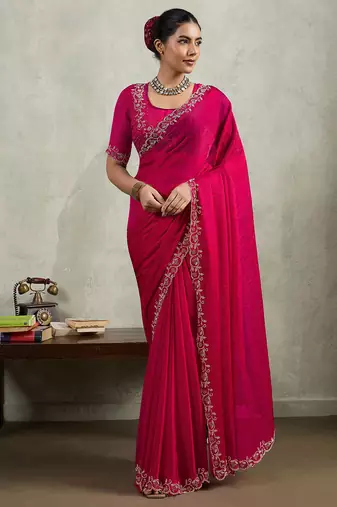 Rani pink velvet chiffon dual tone zarkan precision border work saree with blouse