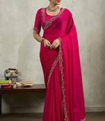 Rani pink velvet chiffon dual tone zarkan precision border work saree with blouse