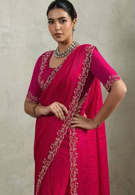 Rani pink velvet chiffon dual tone zarkan precision border work saree with blouse 2