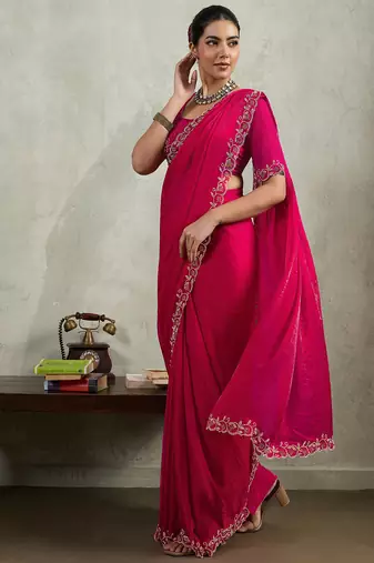 Rani pink velvet chiffon dual tone zarkan precision border work saree with blouse