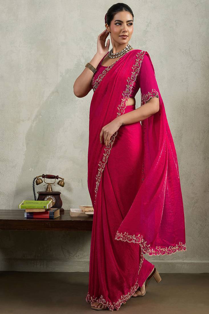 Rani pink velvet chiffon dual tone zarkan precision border work saree with blouse