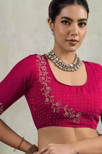 Rani pink velvet chiffon dual tone zarkan precision border work saree with blouse