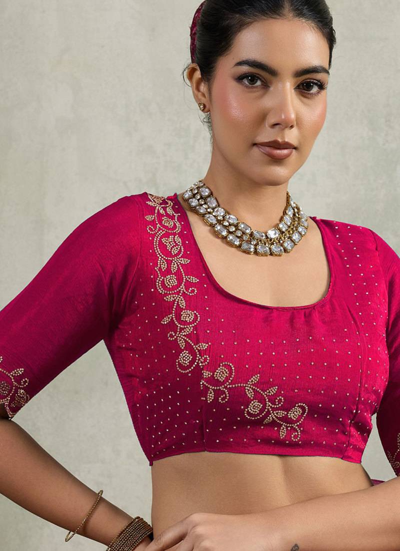 Rani pink velvet chiffon dual tone zarkan precision border work saree with blouse