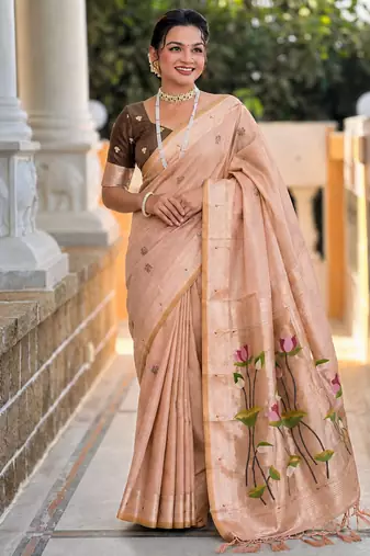 Peach cotton silk saree with colorful floral weaving pallu with blouse